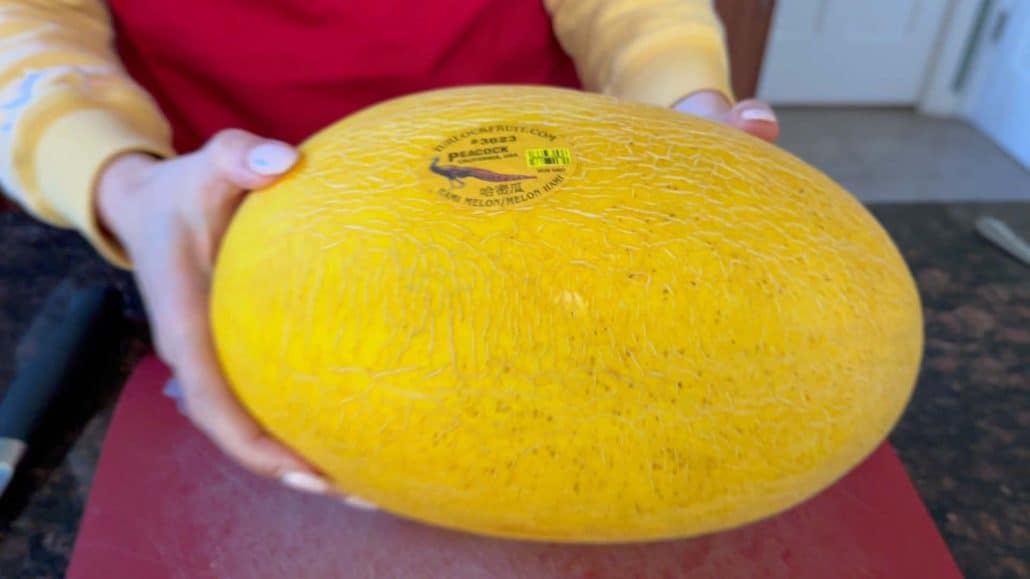 Close-up of Melanie Mendelson from melaniecooks.com holding a whole Hami melon.