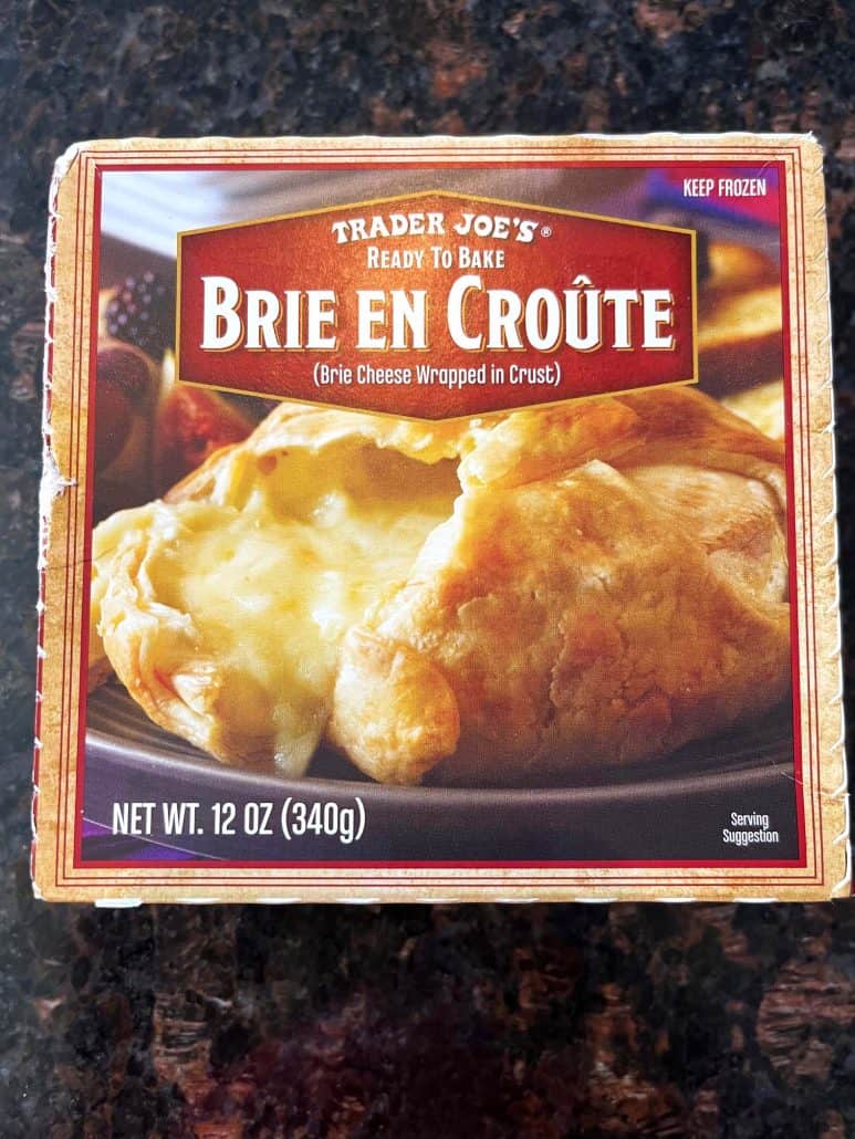 Box of Trader Joe’s Frozen Brie En Croute used for the air fryer appetizer recipe.