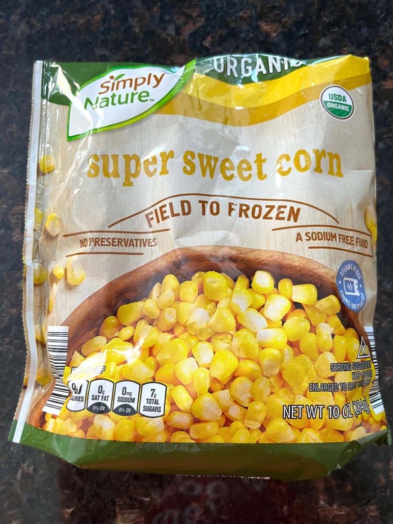 Bag of Simply Nature Super Sweet Corn used for making quick and easy air fryer frozen corn directly from frozen.