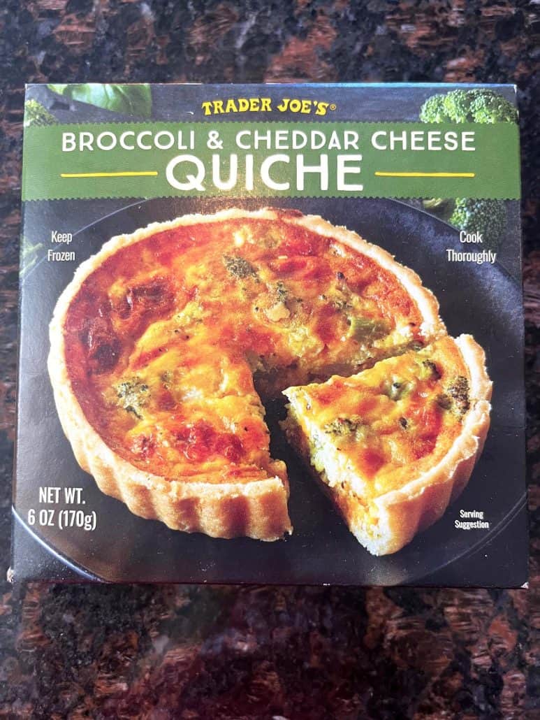 Box of Trader Joe’s Broccoli & Cheddar Cheese Quiche used in the air fryer frozen quiche recipe.