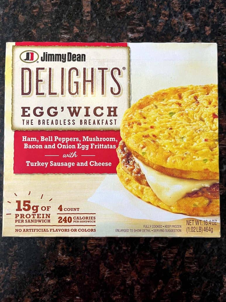 Box of Jimmy Dean Delights Egg’wich, a breadless breakfast sandwich with eggs, turkey sausage, and cheese.