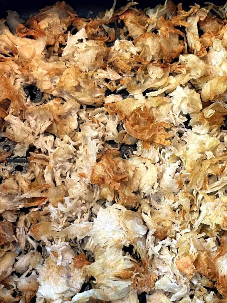 Close-up of crispy air fryer shaved chicken breast—browned on the edges and tender inside, showing the perfect texture achieved.