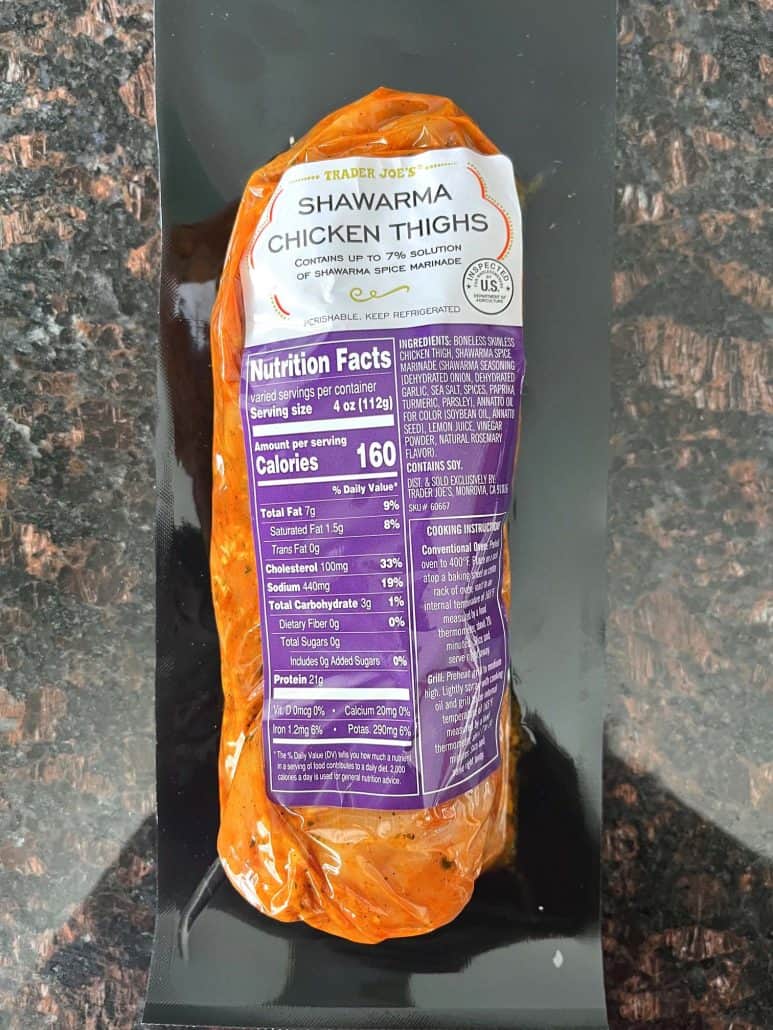 Package of Trader Joe’s Shawarma Chicken Thighs, pre-marinated and ready to cook in the air fryer.