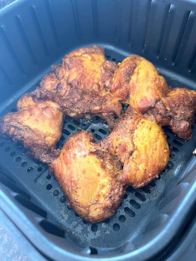 Crispy and golden brown edges of Trader Joe’s shawarma chicken thighs cooked in the air fryer.