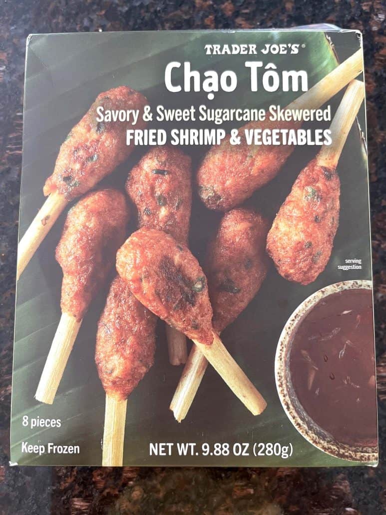 Trader Joe’s Chao Tom frozen package, showing the shrimp and vegetable skewers used for this easy air fryer recipe.