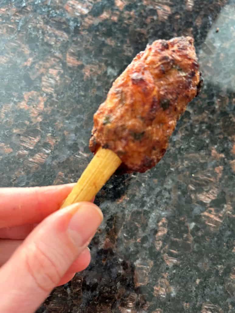 Hand of Melanie Mendelson from melaniecooks.com, holding a single crispy Trader Joe’s Chao Tom skewer, showing the perfect texture and ready to eat as a delicious appetizer.