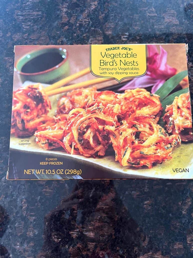 Trader Joe’s Vegetable Bird’s Nests frozen package on a kitchen counter, ready to be cooked.
