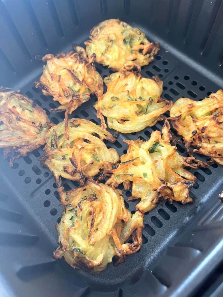 Crispy, golden brown Trader Joe’s Vegetable Bird’s Nests freshly cooked in the air fryer.