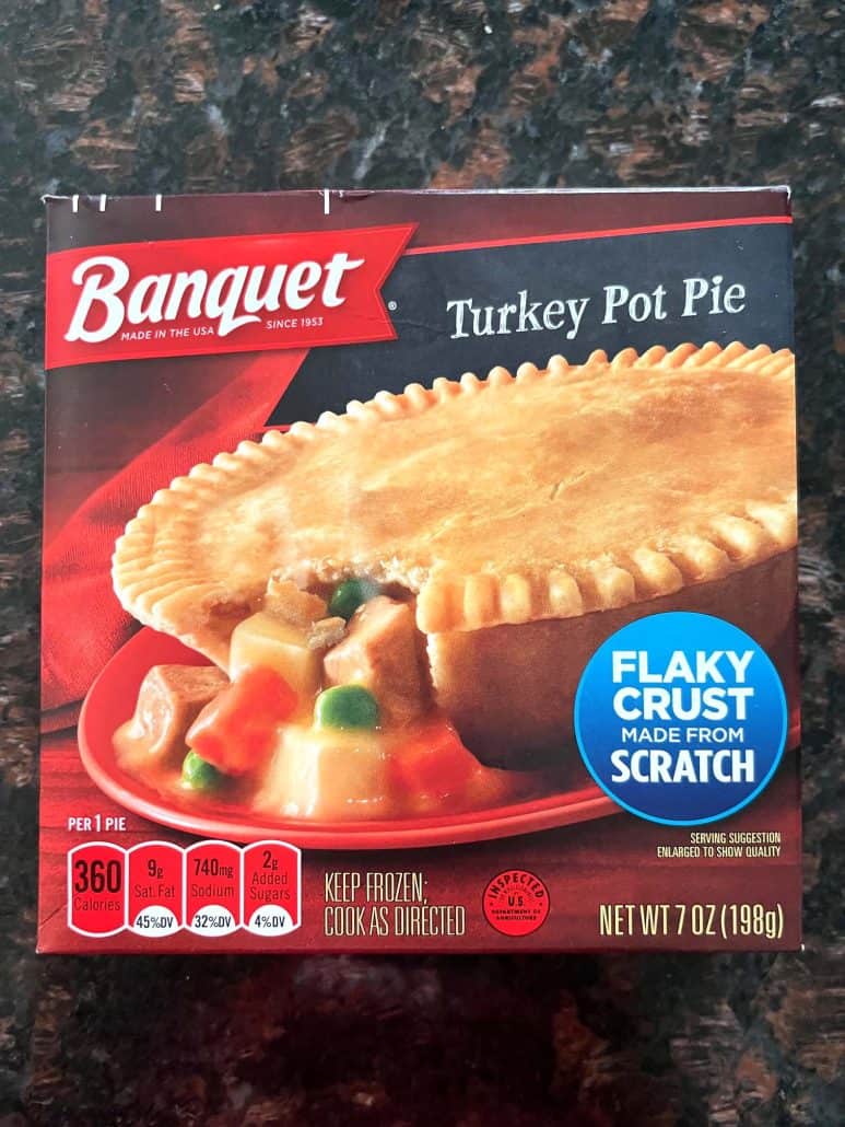 Box of Banquet frozen turkey pot pie, showing the brand used in the air fryer turkey pot pie recipe.