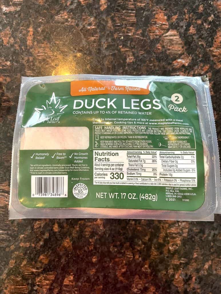 Package of raw duck legs used in the Air Fryer Duck Legs recipe, shown before seasoning and cooking.