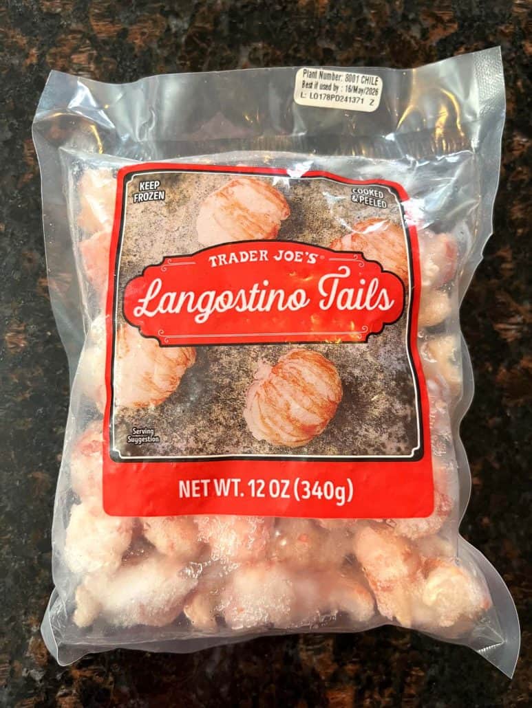 Bag of frozen Trader Joe’s langostino tails, ready to be cooked in the air fryer for a quick and delicious seafood dish.