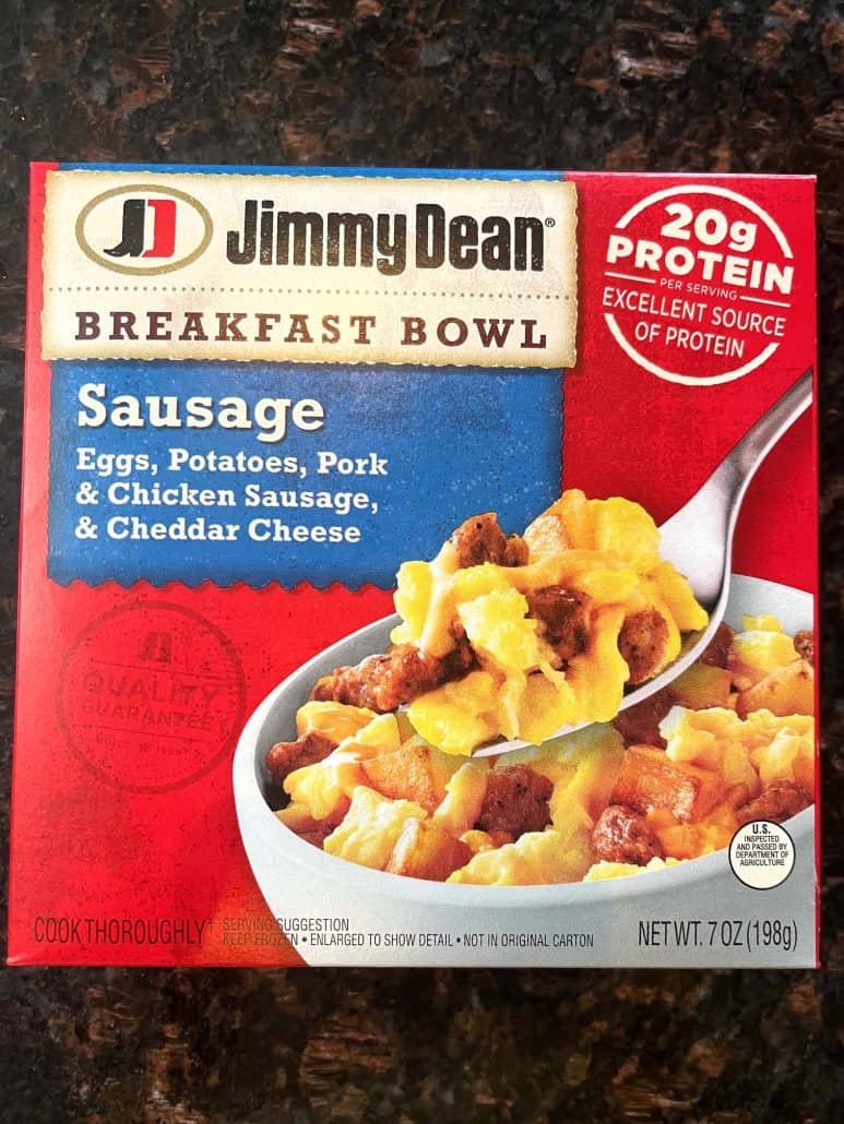 Box of Jimmy Dean Sausage Breakfast Bowl featuring eggs, potatoes, pork sausage, cheddar cheese, used in the air fryer breakfast bowl recipe.