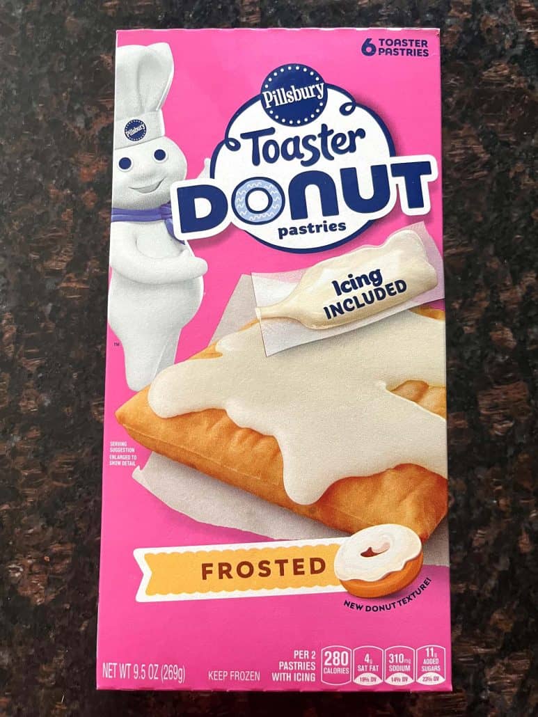 Box of Pillsbury Toaster Donut Pastries, showing the frosted flavor used for making easy air fryer toaster donuts.