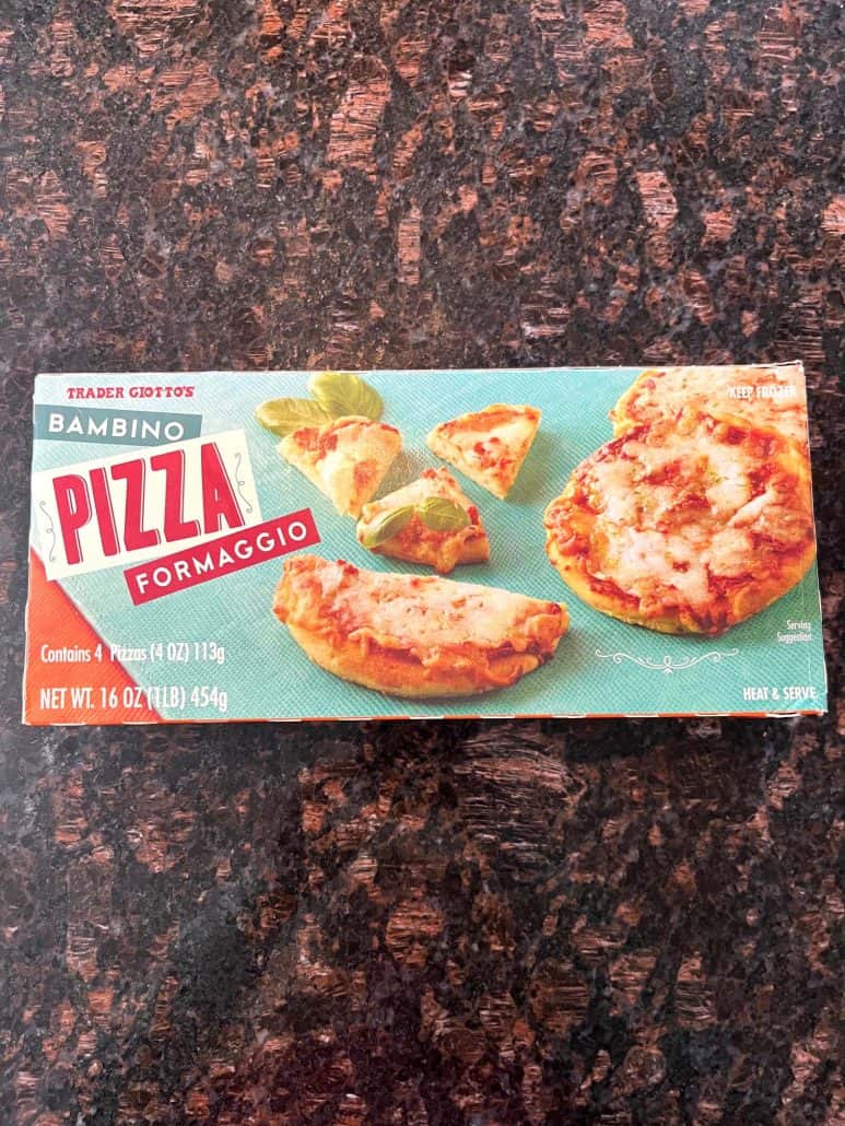 Box of Trader Joe’s Bambino Pepperoni Pizzas on a countertop, showing the frozen mini pizzas used for the easy air fryer recipe.