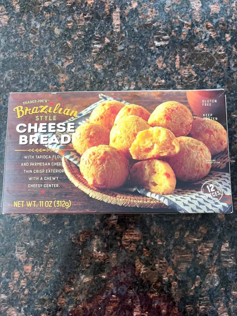 Box of Trader Joe’s Brazilian Cheese Bread on a kitchen counter—showing the frozen cheese bread used in this easy air fryer recipe.