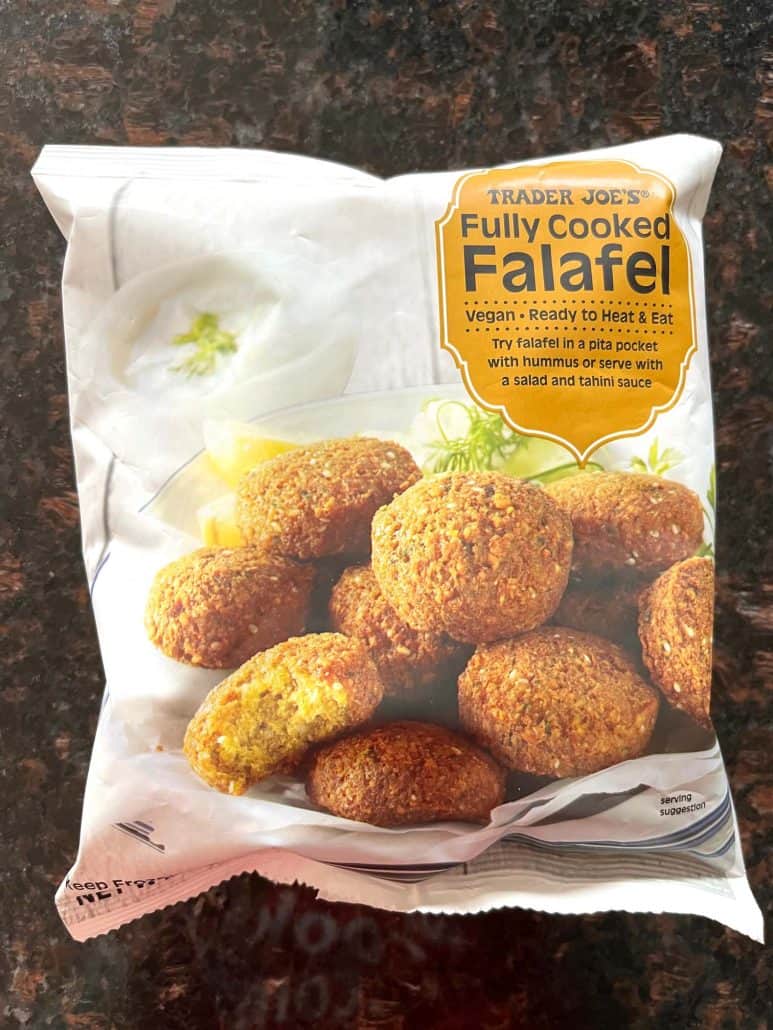 Bag of Trader Joe’s Fully Cooked Frozen Falafel—perfect for making quick and crispy falafel in the air fryer.