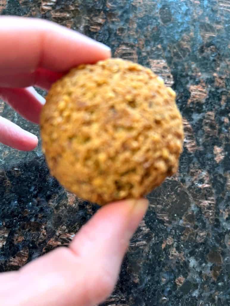 Close-up of a crispy Trader Joe’s Frozen Falafel held in hand of Melanie Mendelson from melaniecooks.com, perfectly cooked in the air fryer for a quick and easy snack or meal.