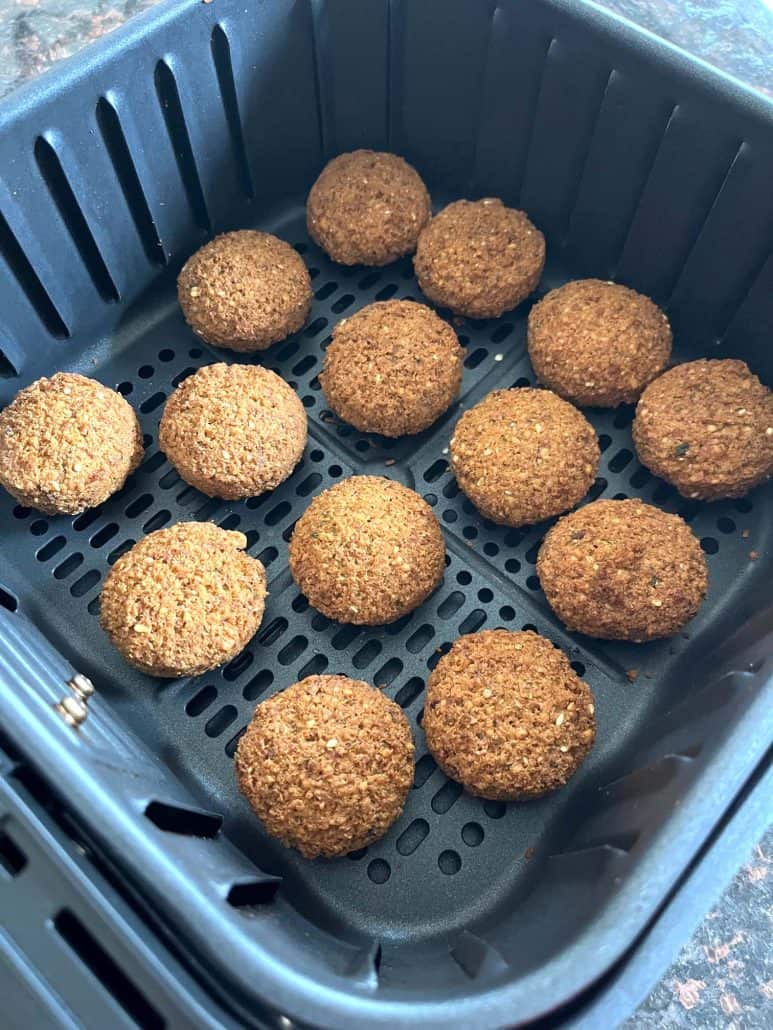 Golden brown Trader Joe’s Frozen Falafel cooked to crispy perfection in the air fryer.
