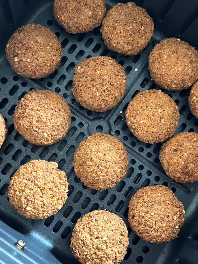 Close-up of crispy, golden Trader Joe’s Frozen Falafel cooked in the air fryer.