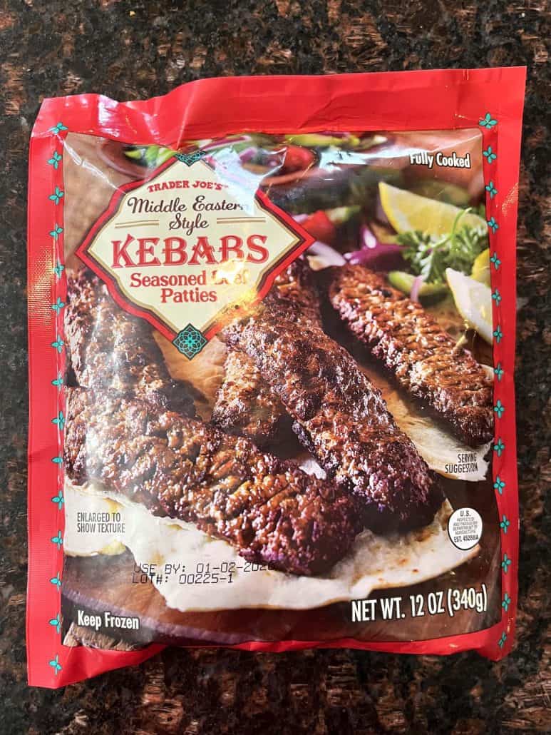 Package of Trader Joe’s frozen beef kebabs, showing the product used in the air fryer recipe.
