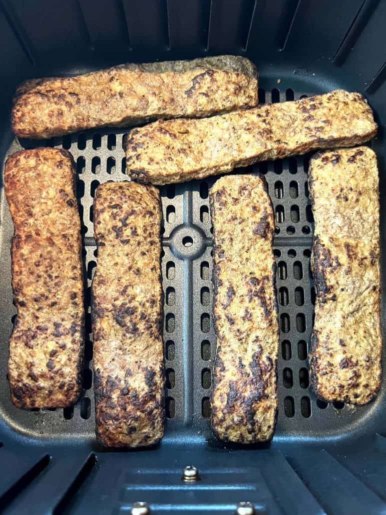 Trader Joe’s beef kabobs freshly cooked in the air fryer, showing their crispy, golden-brown texture.