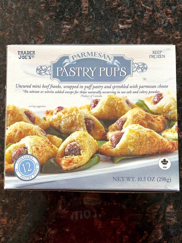 Box of Trader Joe's Pastry Pups, the frozen mini hot dogs in puff pastry.