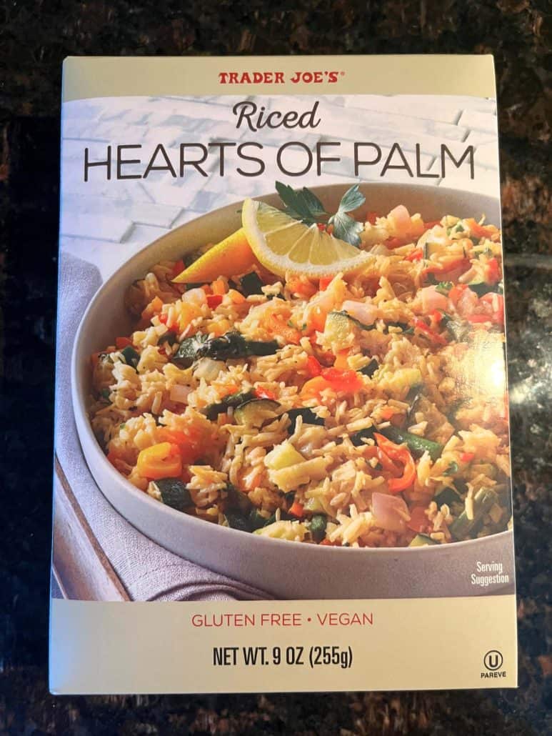 Trader Joe’s Hearts of Palm Rice packaging – the key ingredient used to make this healthy, low-carb rice alternative.
