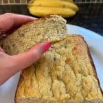 Sliced almond flour banana bread showing soft texture, perfect for a healthy gluten-free breakfast or snack.