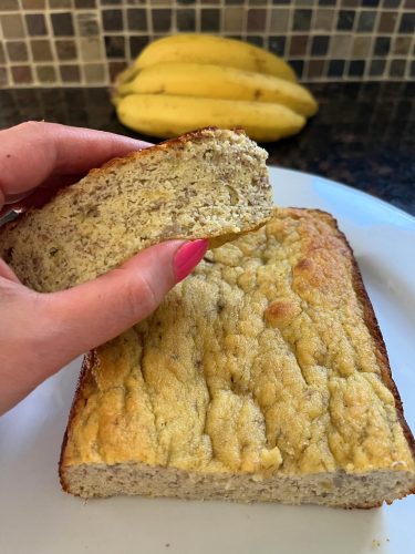 Sliced almond flour banana bread showing soft texture, perfect for a healthy gluten-free breakfast or snack.