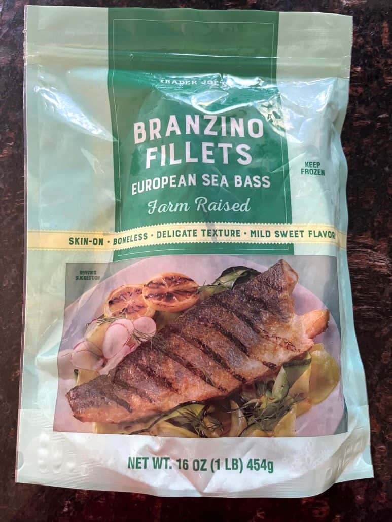Package of Trader Joe’s frozen branzino fillets used in the Air Fryer Branzino Fillets recipe.