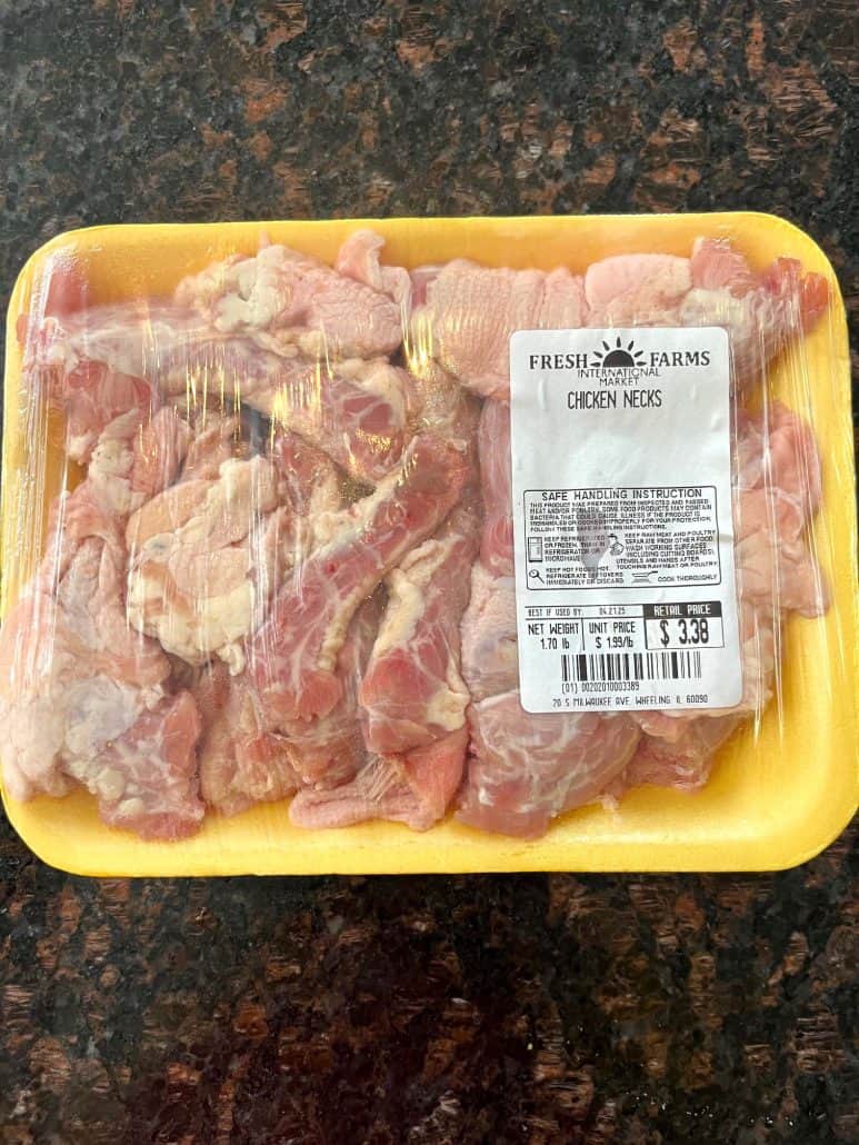Packaged raw chicken necks on a kitchen counter, ready to be seasoned for the Air Fryer Chicken Necks recipe.