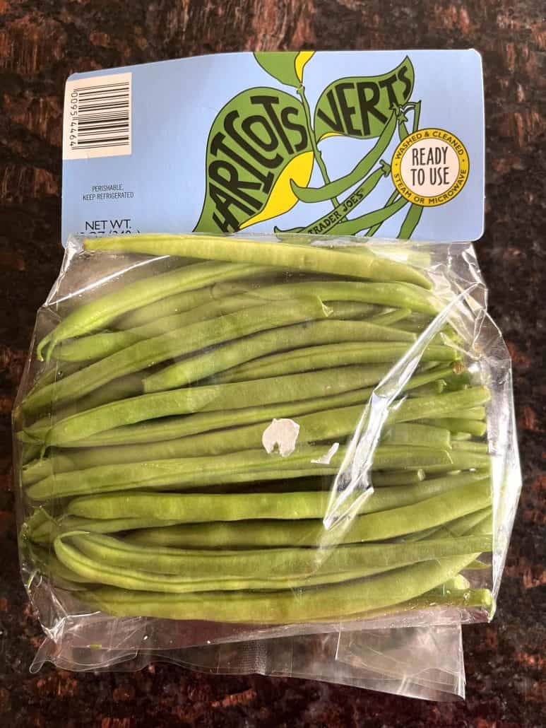 Package of pre-washed and trimmed French green beans (Haricot Verts) from Trader Joe’s.