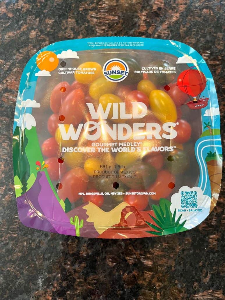 Packaged container of Wild Wonders medley tomatoes used in the Air Fryer Medley Tomatoes recipe.