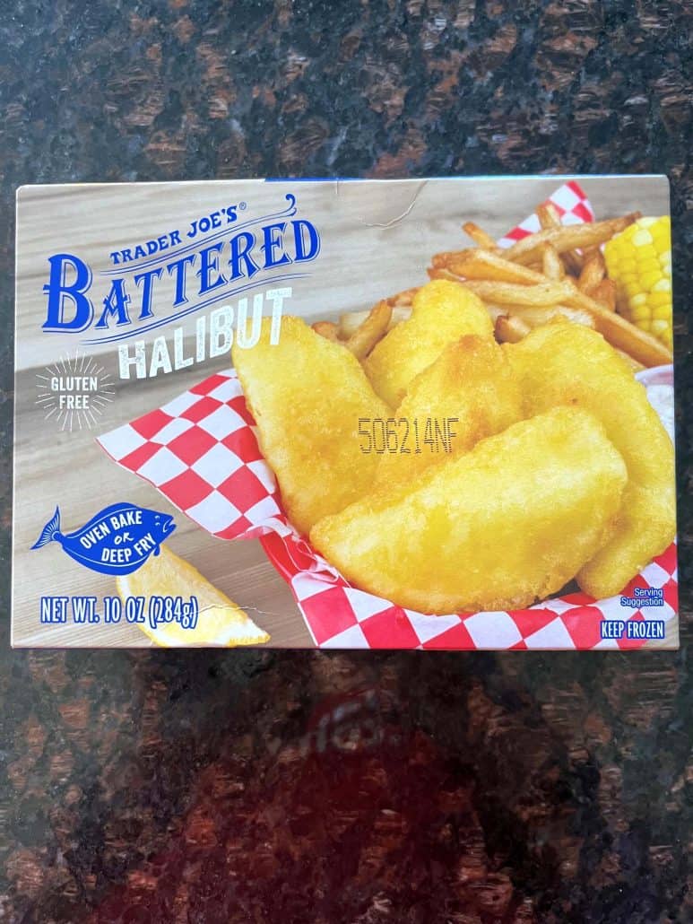 Box of Trader Joe’s Battered Halibut shown on a kitchen counter, used in the Air Fryer Trader Joe’s Battered Halibut recipe.