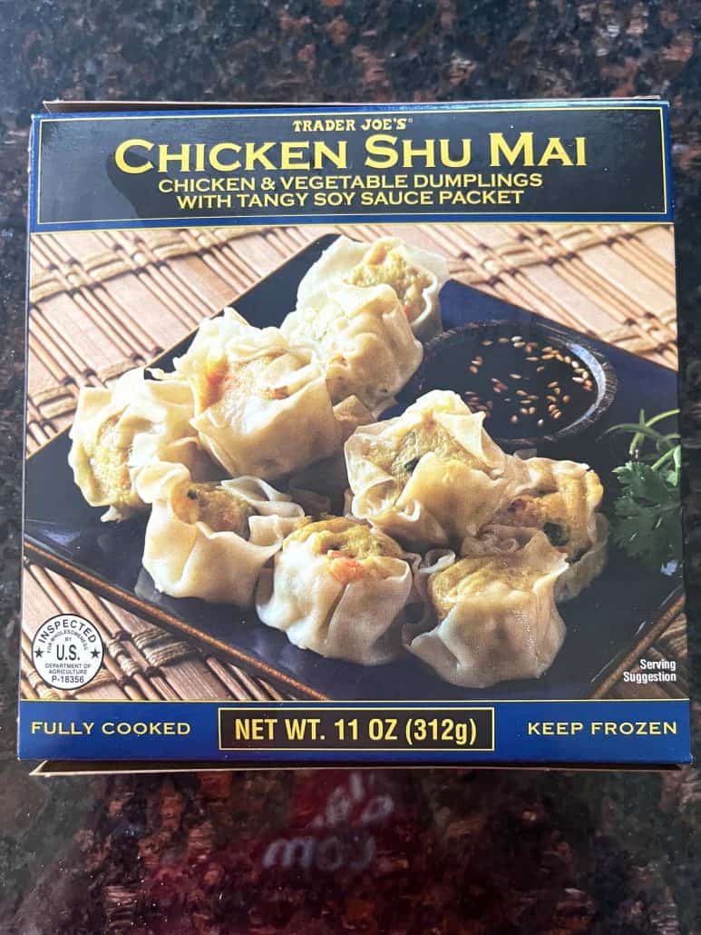 Box of Trader Joe’s Chicken Shu Mai dumplings, the frozen product used in the air fryer recipe for a quick and easy appetizer.