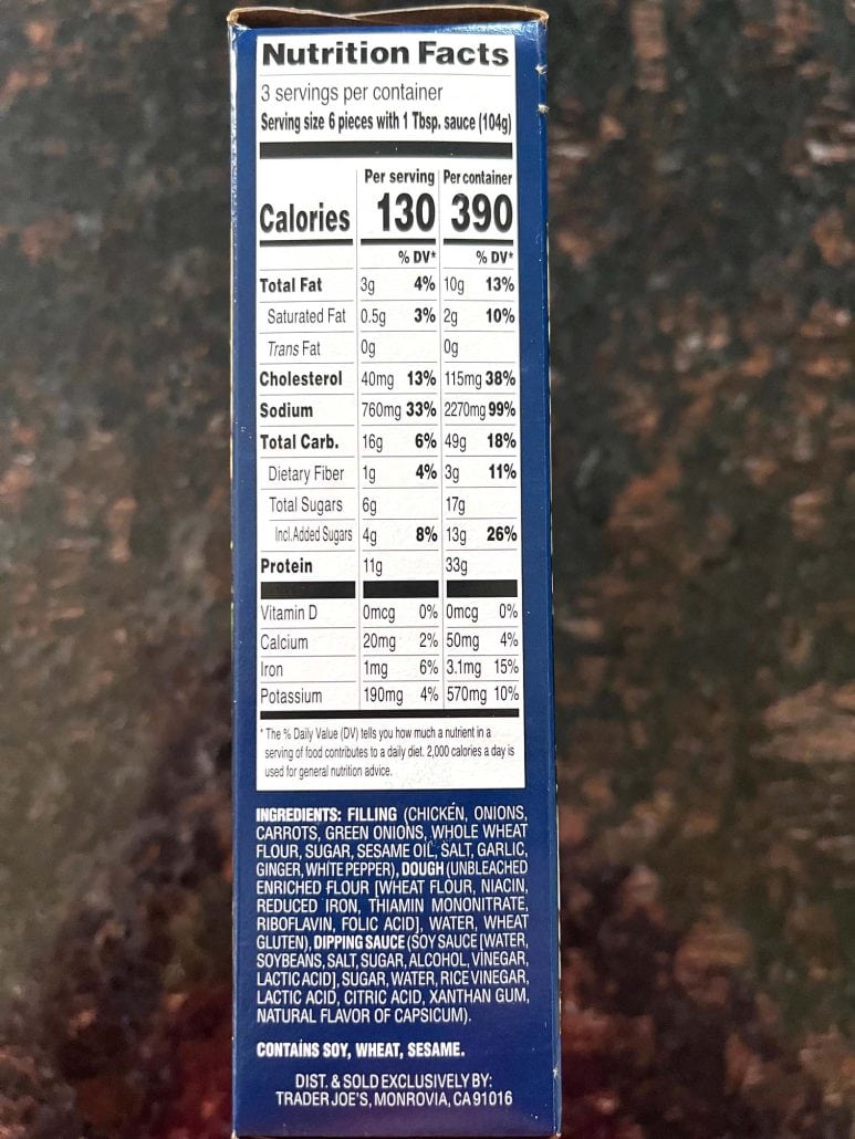 Nutrition facts and ingredients label on the side of the Trader Joe’s Chicken Shu Mai dumplings box, showing serving size, calories, and allergen information.