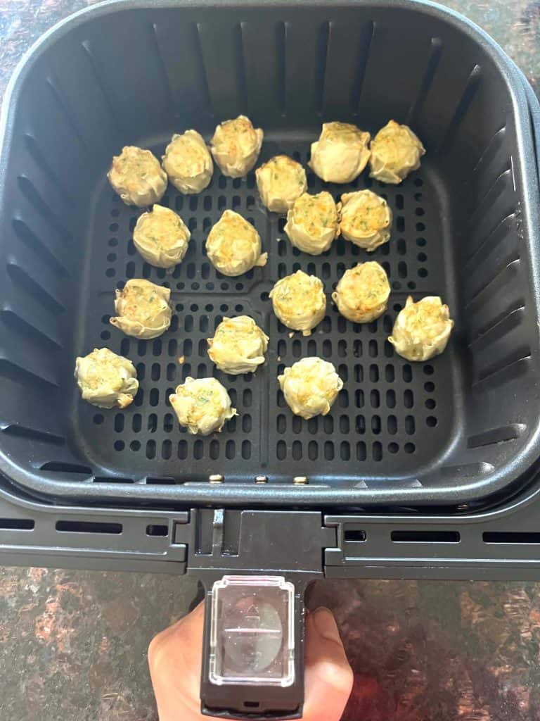Frozen Trader Joe’s Chicken Shu Mai dumplings arranged in a single layer inside an air fryer basket.