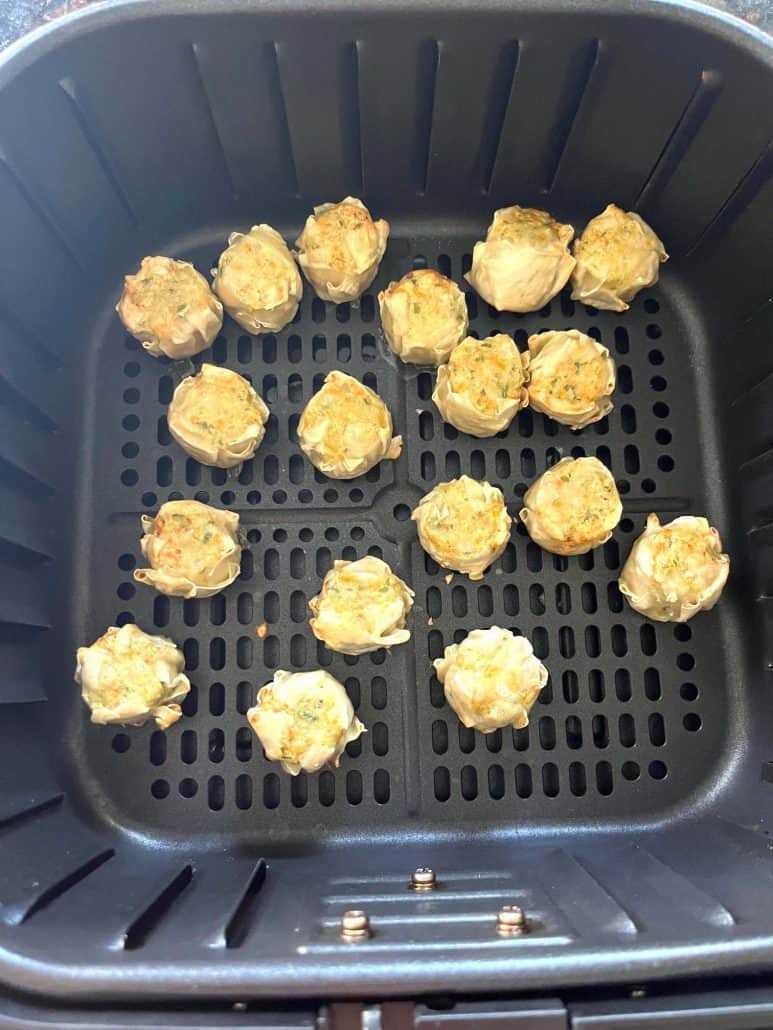 Trader Joe’s Chicken Shu Mai dumplings arranged in the air fryer basket after cooking, showing their browned tops.