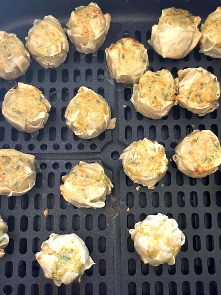 Zoomed-in shot of air-fried Trader Joe’s Chicken Shu Mai showing golden tops and tender wrappers.