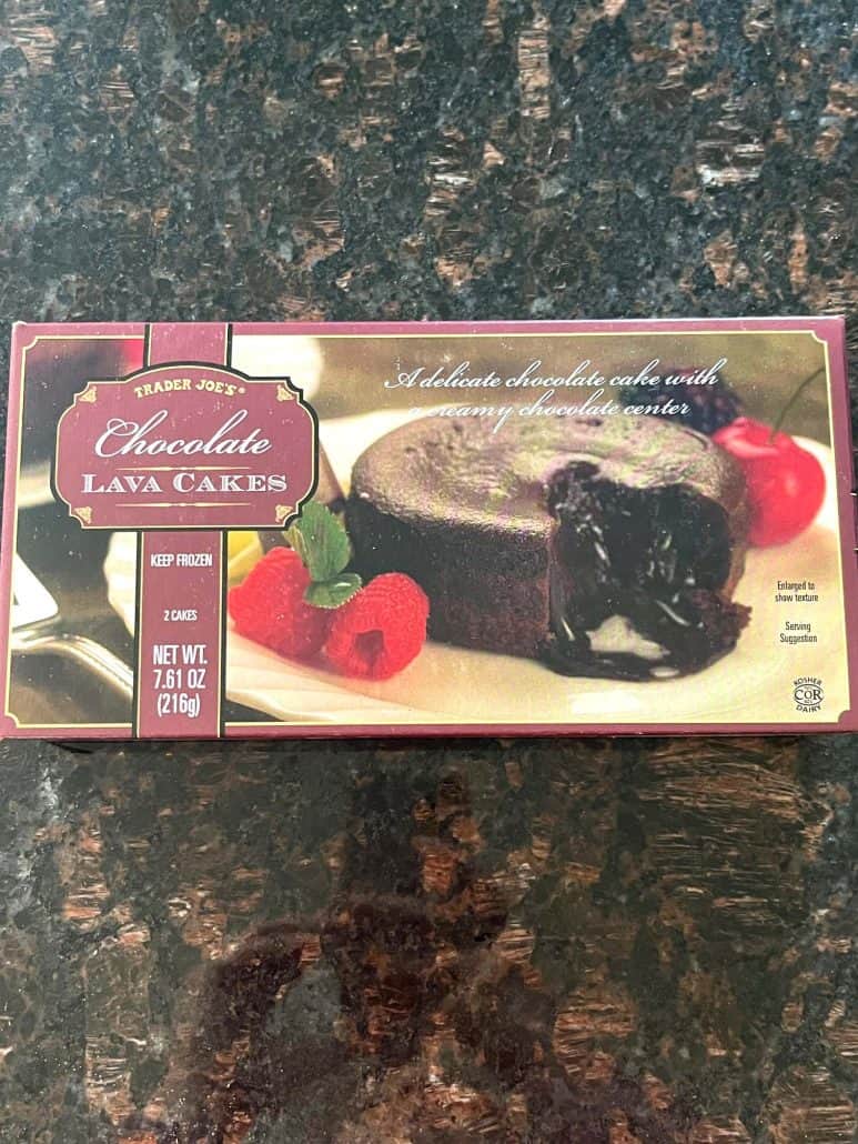 Box of Trader Joe’s Chocolate Lava Cakes on a kitchen counter, showing the product used in the air fryer dessert recipe.