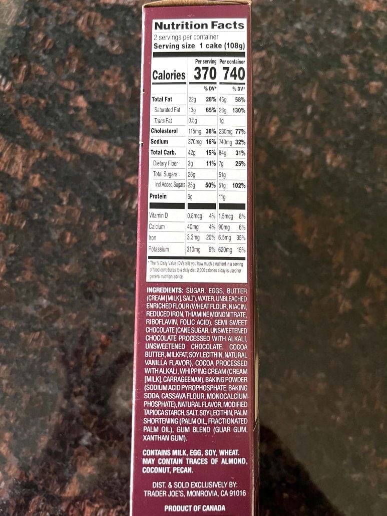 Side panel of the Trader Joe’s Chocolate Lava Cakes box showing nutrition facts and ingredients, useful for dietary information in the air fryer dessert recipe.
