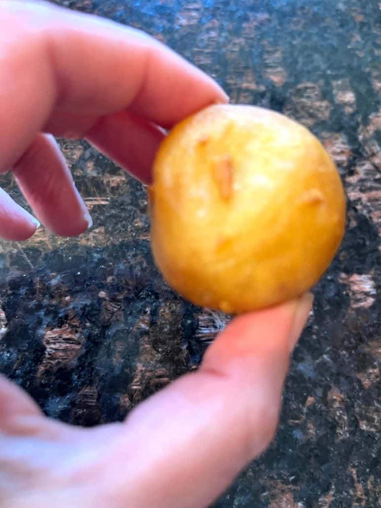Melanie Mendelson from melaniecooks.com holding a golden brown, air-fried dough ball, showcasing its crisp and perfectly rounded shape.