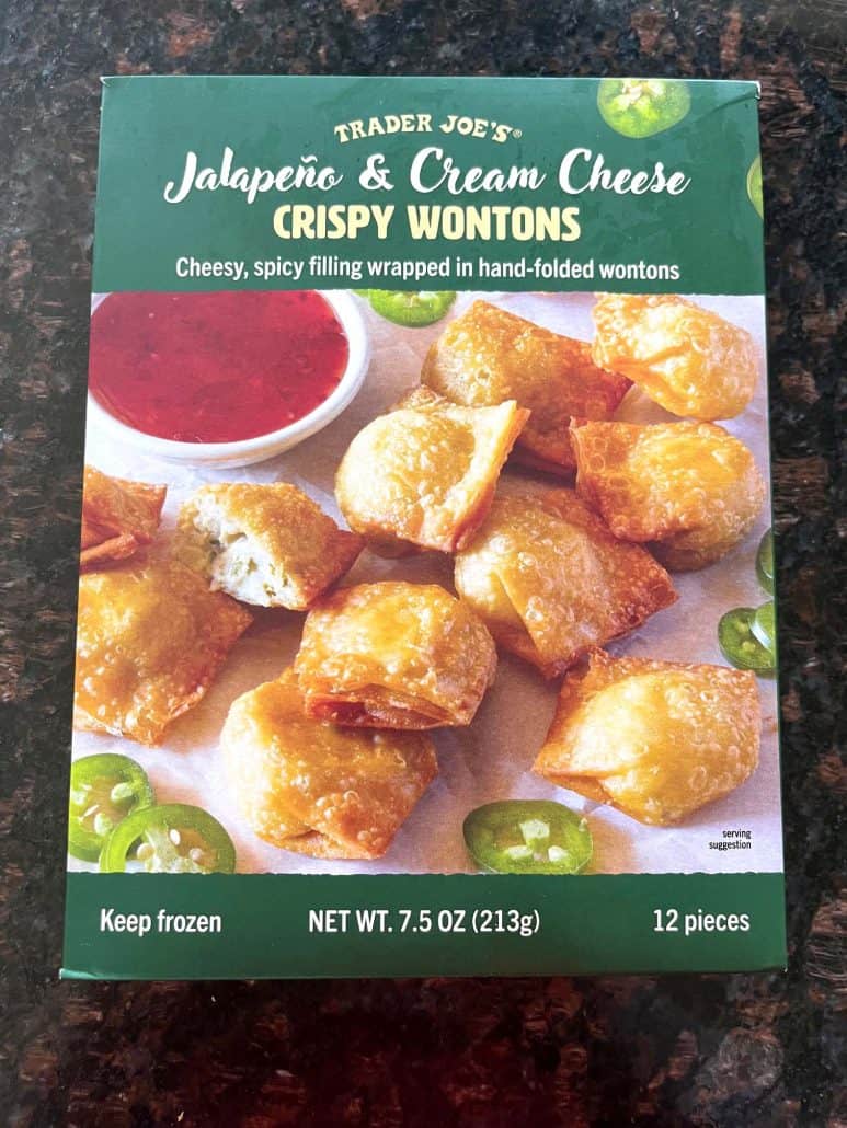 Box of Trader Joe’s Jalapeño & Cream Cheese Crispy Wontons, shown before air frying.