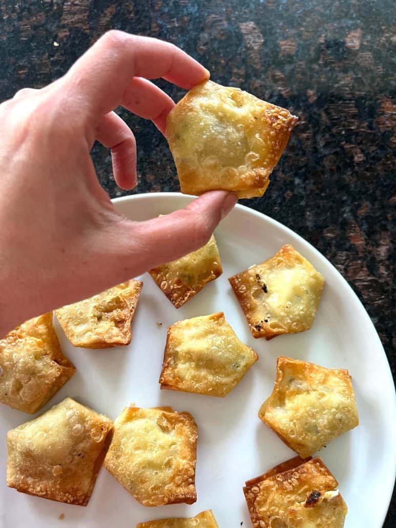 Hand holding a crispy air-fried Trader Joe’s wonton above a plate of freshly cooked wontons.