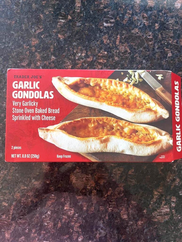 Box of Trader Joe’s Garlic Gondolas on a kitchen counter, used in the Air Fryer Garlic Gondolas recipe to show the product before cooking.