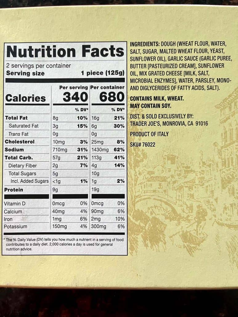 Nutrition facts and ingredient list from the back of the Trader Joe’s Garlic Gondolas package, included for reference in the Air Fryer Garlic Gondolas recipe post.