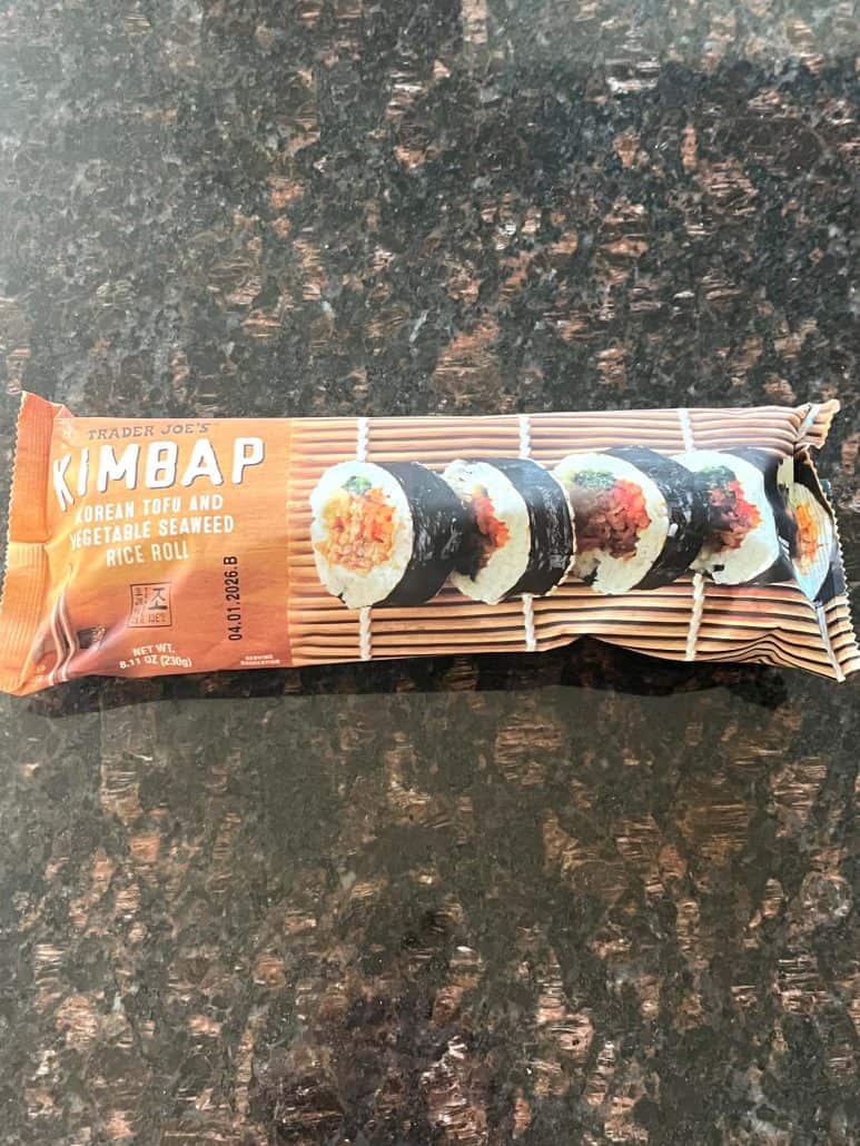 Package of Trader Joe's frozen kimbap sushi rolls ready to be cooked in the air fryer.