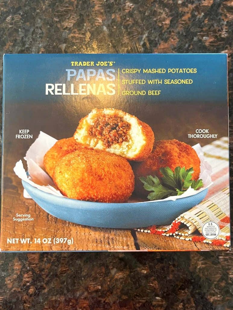 Box of Trader Joe’s Papas Rellenas showing crispy mashed potato balls stuffed with seasoned beef.