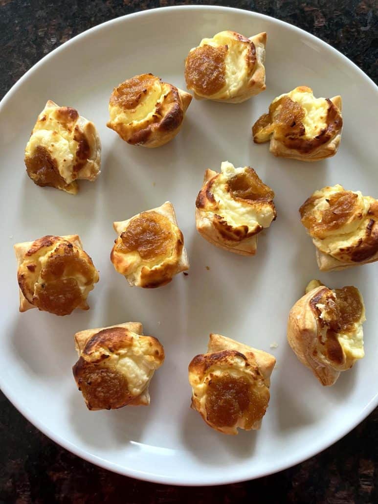 Air fried Trader Joe’s Pastry Bites neatly arranged on a white plate, ready to serve as a crispy appetizer or snack.