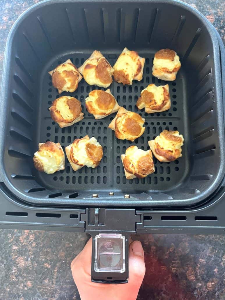 Golden brown Trader Joe’s Pastry Bites cooked in the air fryer basket, fresh and crispy.